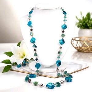 VTG Turquoise Abalone Dyed Shell Beaded Necklace Blue Green Coastal Boho 41"